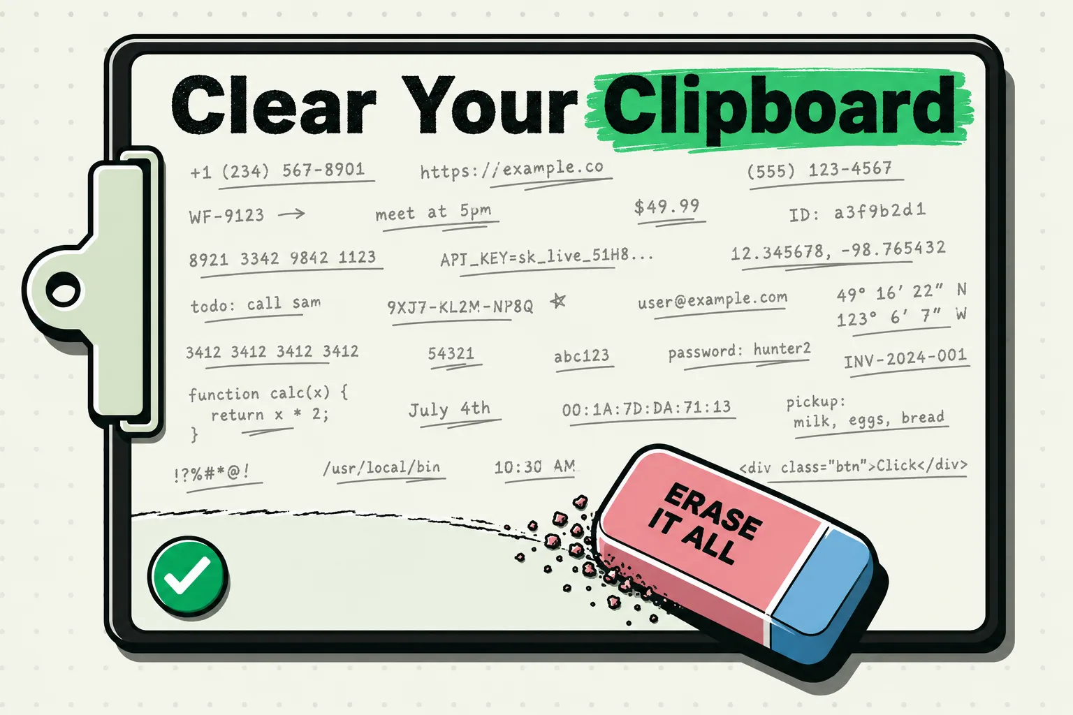 Clipboard full of copied text and codes being wiped away by a pink Erase It All eraser