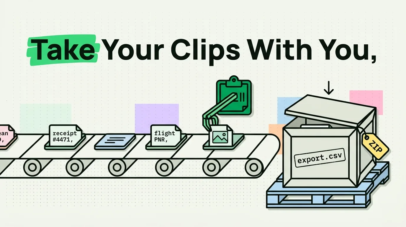 Conveyor belt of clip files packed into an export.csv shipping box with a ZIP tag