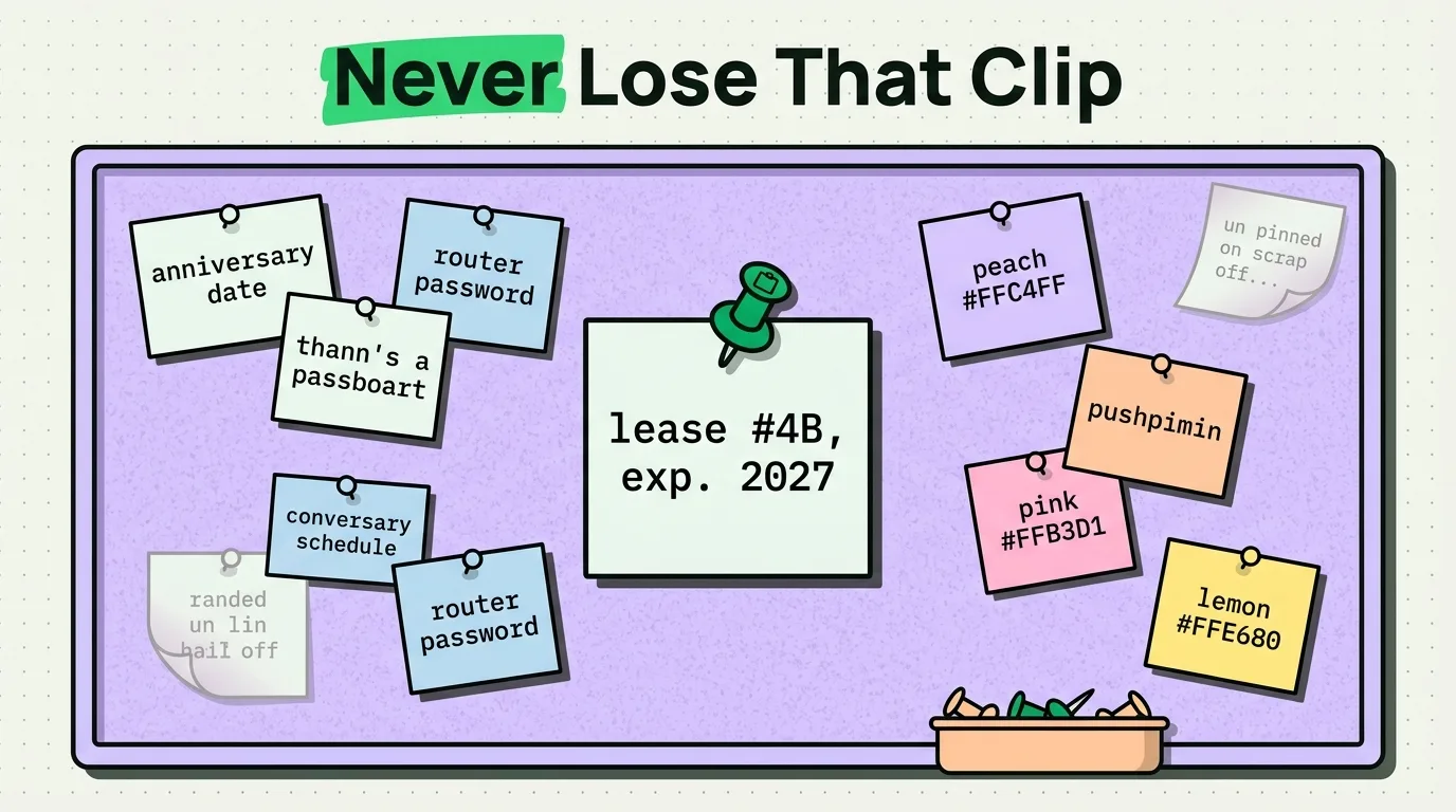 Corkboard of pinned sticky notes with one green pushpin holding a saved lease clip