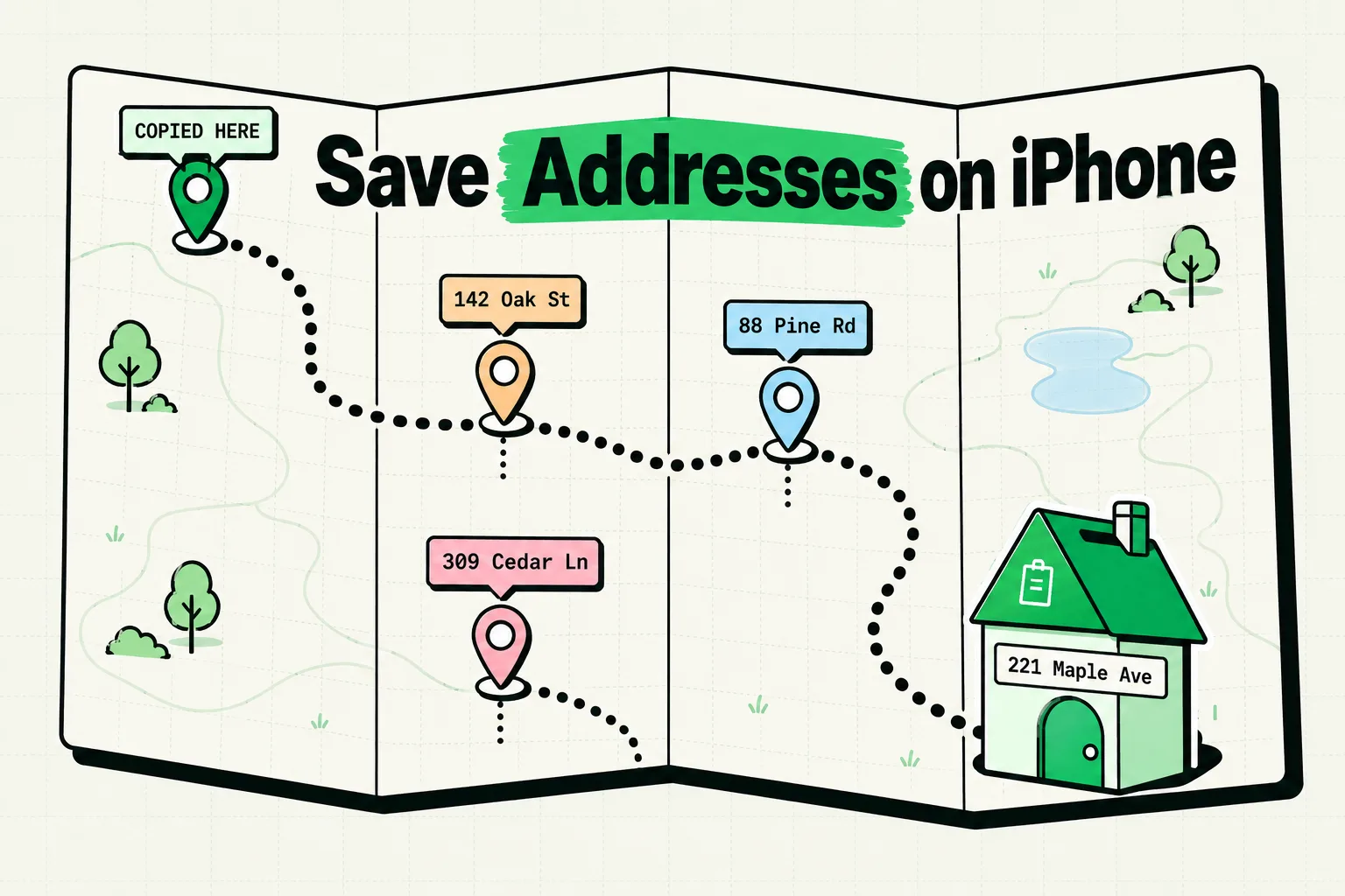 Folded map with pinned street addresses and a dotted route leading to a green clipboard house