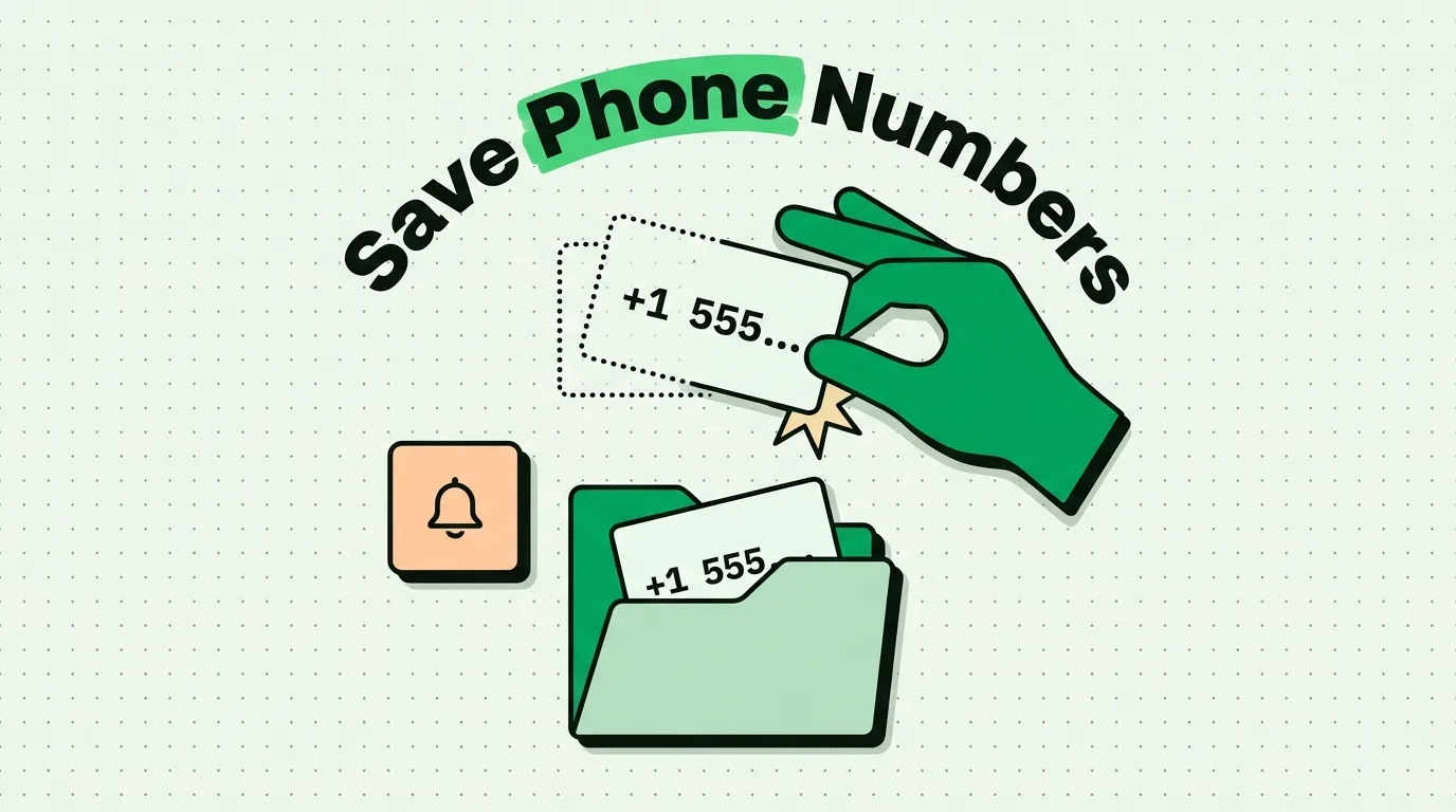 Hand filing a copied +1 555 phone number card into a green clipboard folder with a bell alert