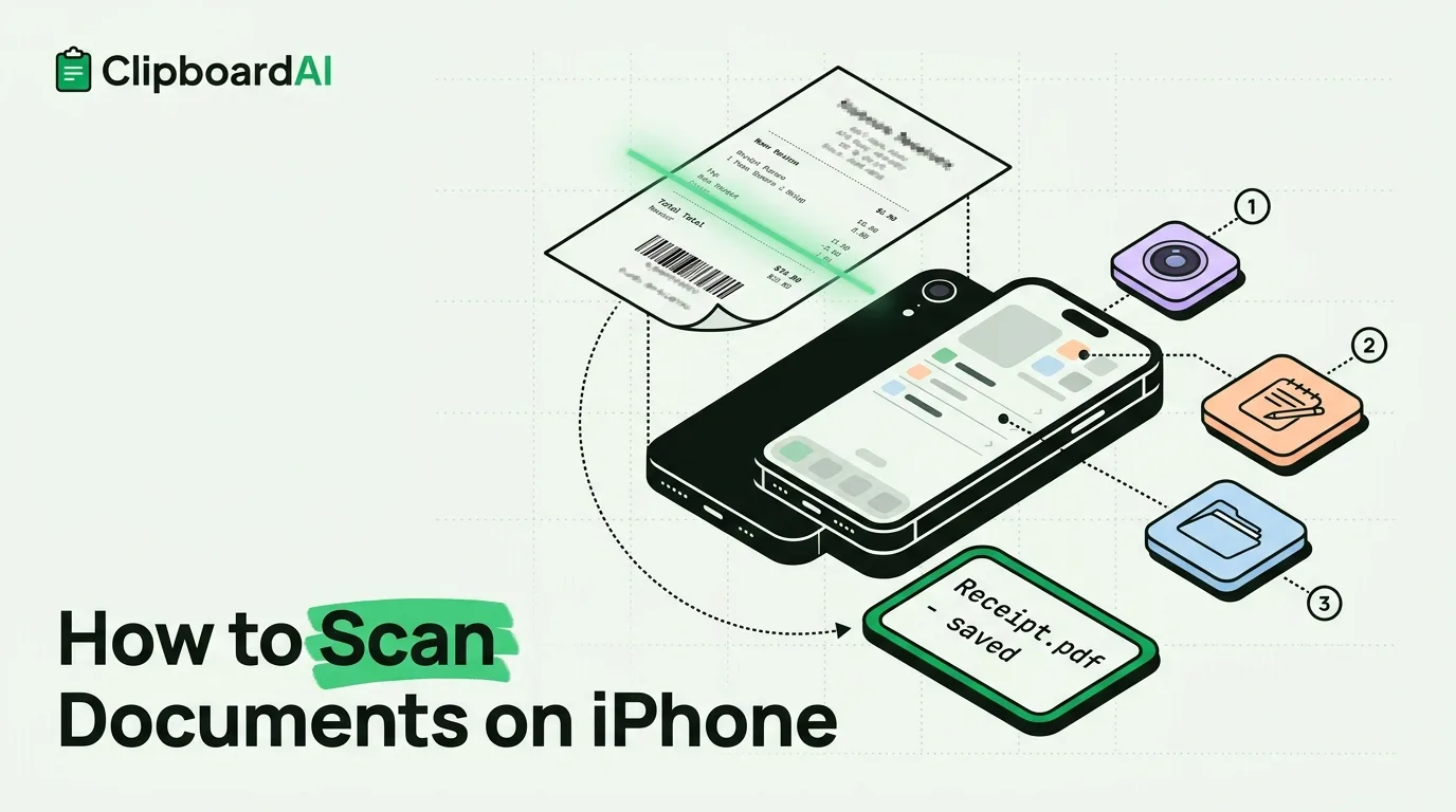 Exploded isometric view of iPhone scanning a receipt into a saved PDF document with numbered app steps