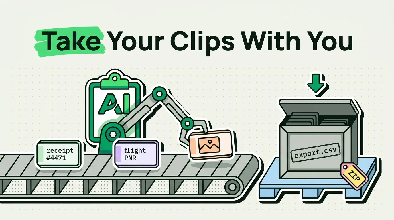 Robotic clipboard arm loading receipt, flight PNR and image clips onto conveyor into an export.csv ZIP crate
