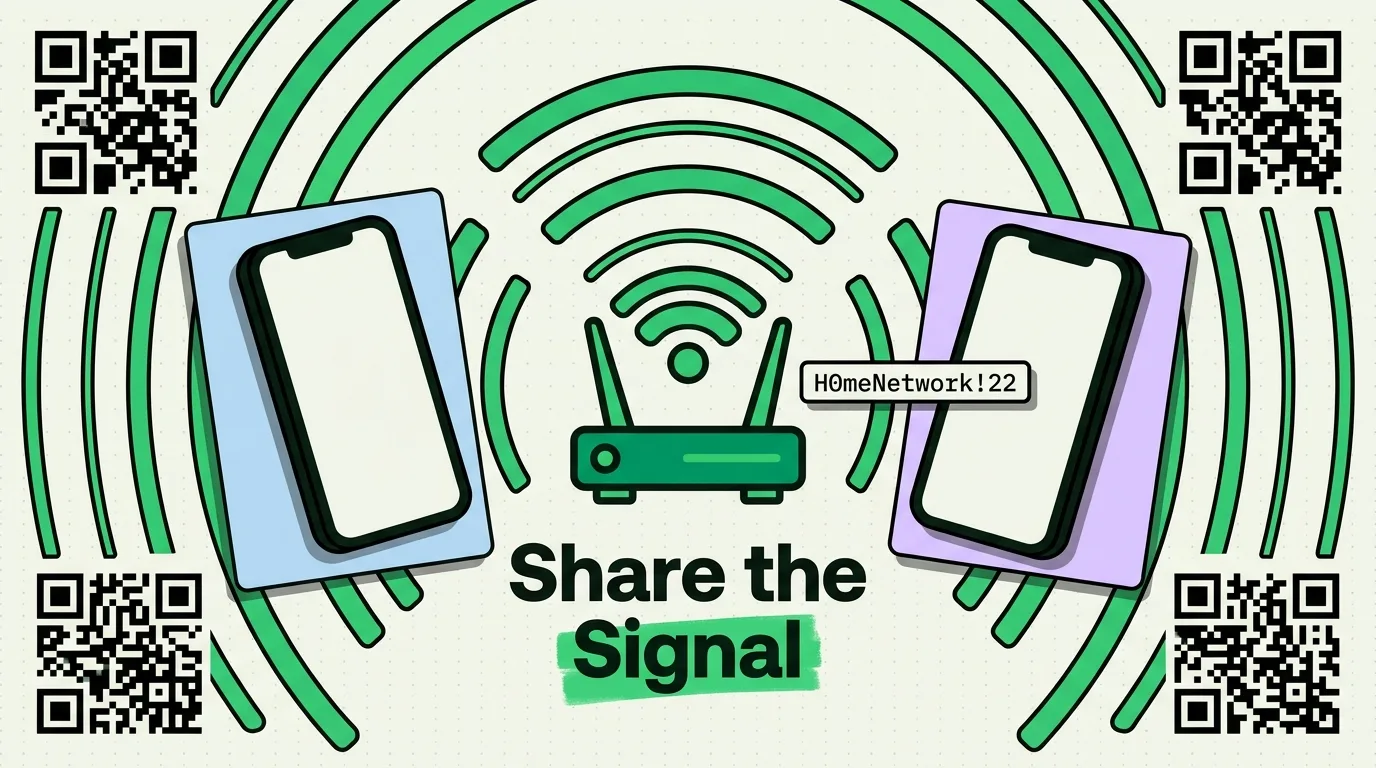 Two iPhones sharing WiFi password near a router with signal arcs and QR codes for network HomeNetwork