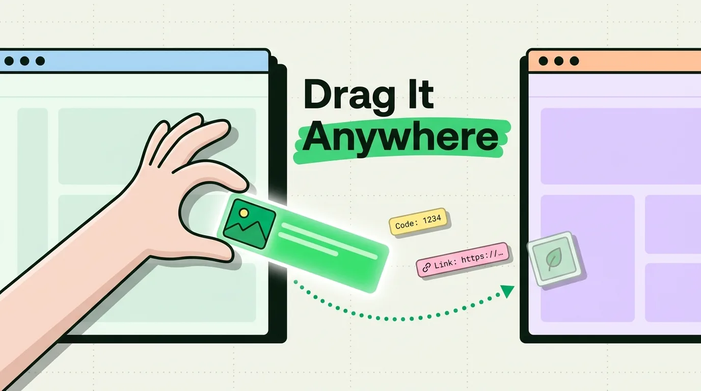Cartoon hand dragging image, code and link clip between two windows demonstrating iPhone drag and drop