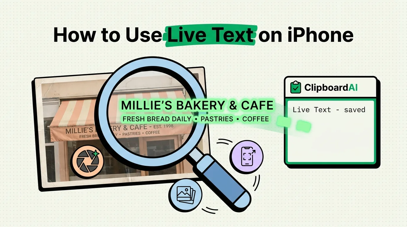 Magnifying glass over a bakery storefront photo lifting Live Text into a saved Clipboard AI note on iPhone