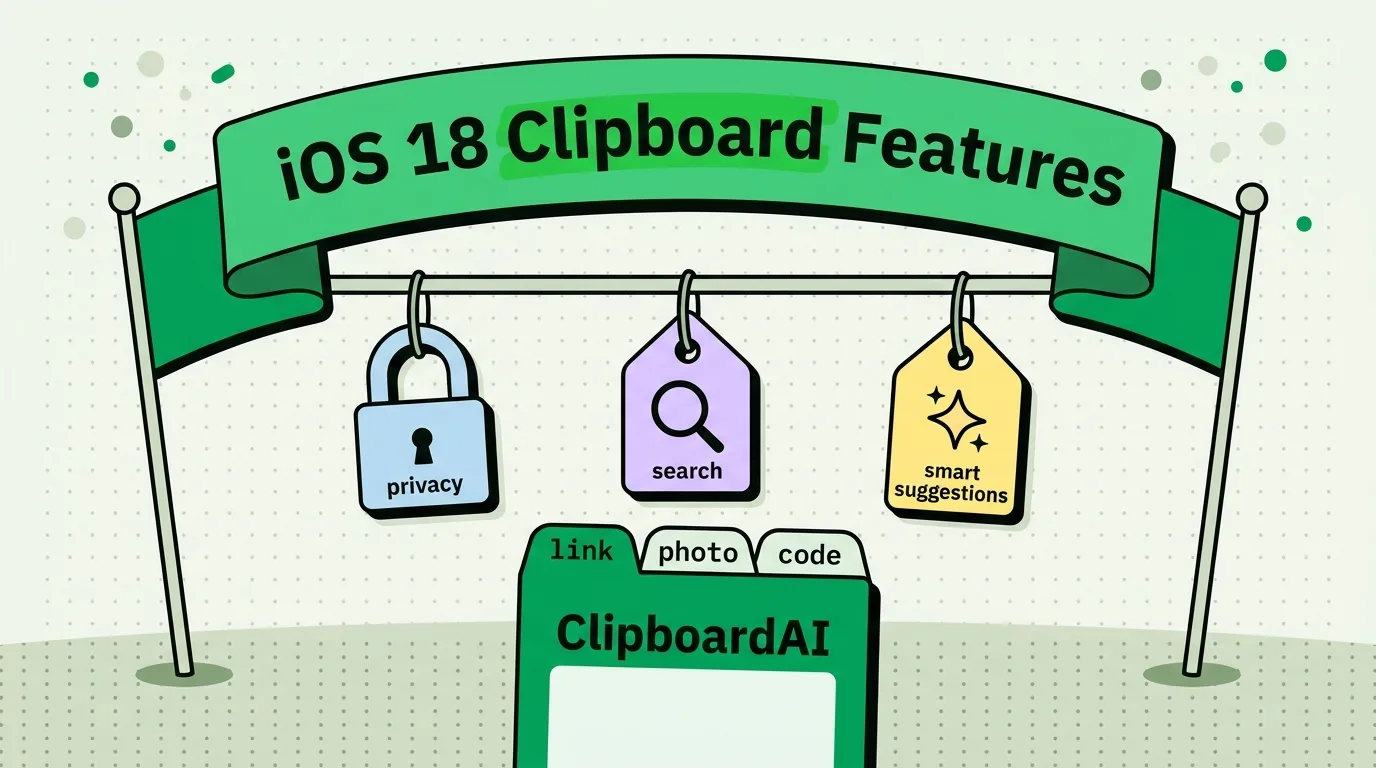 Green banner over hanging privacy, search and smart suggestions tags above a ClipboardAI folder