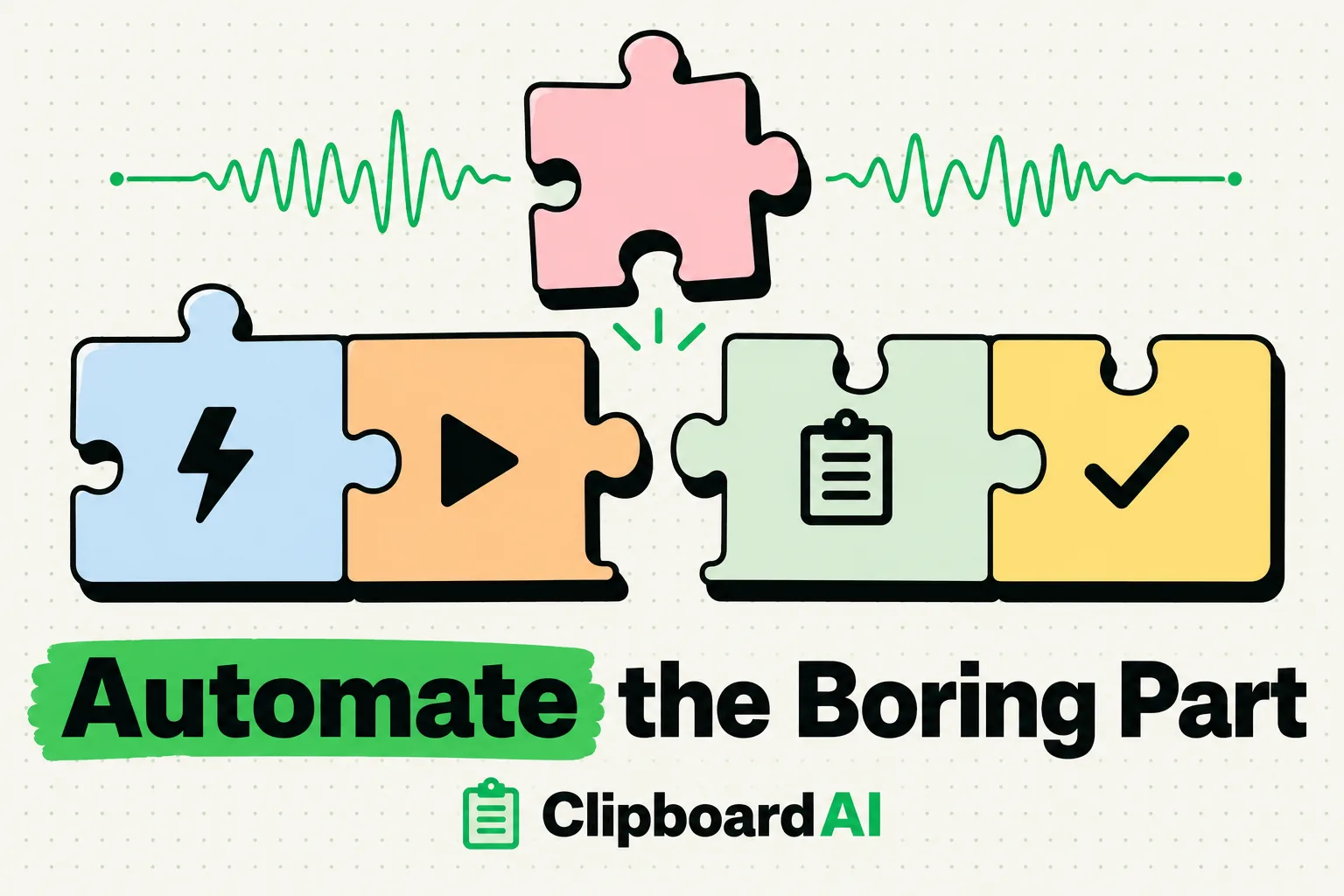 Four pastel puzzle pieces with bolt, play, clipboard and check icons snapping together under a green Siri waveform to automate copy and paste