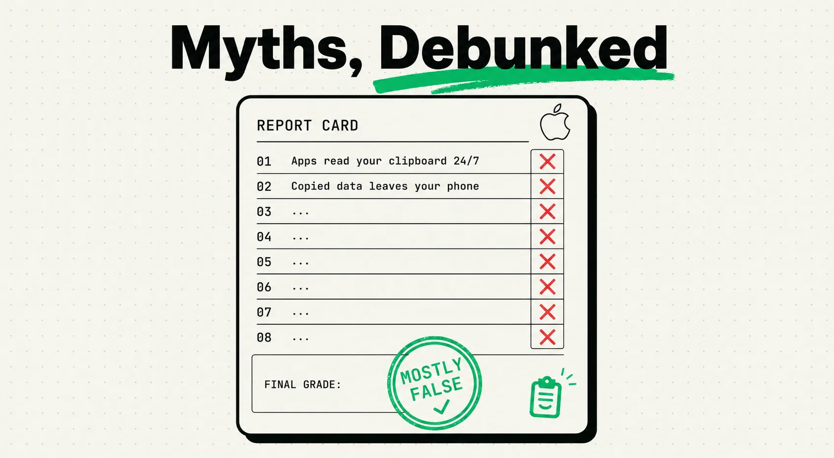 Graded quiz sheet debunking eight iPhone clipboard myths with a passing stamp