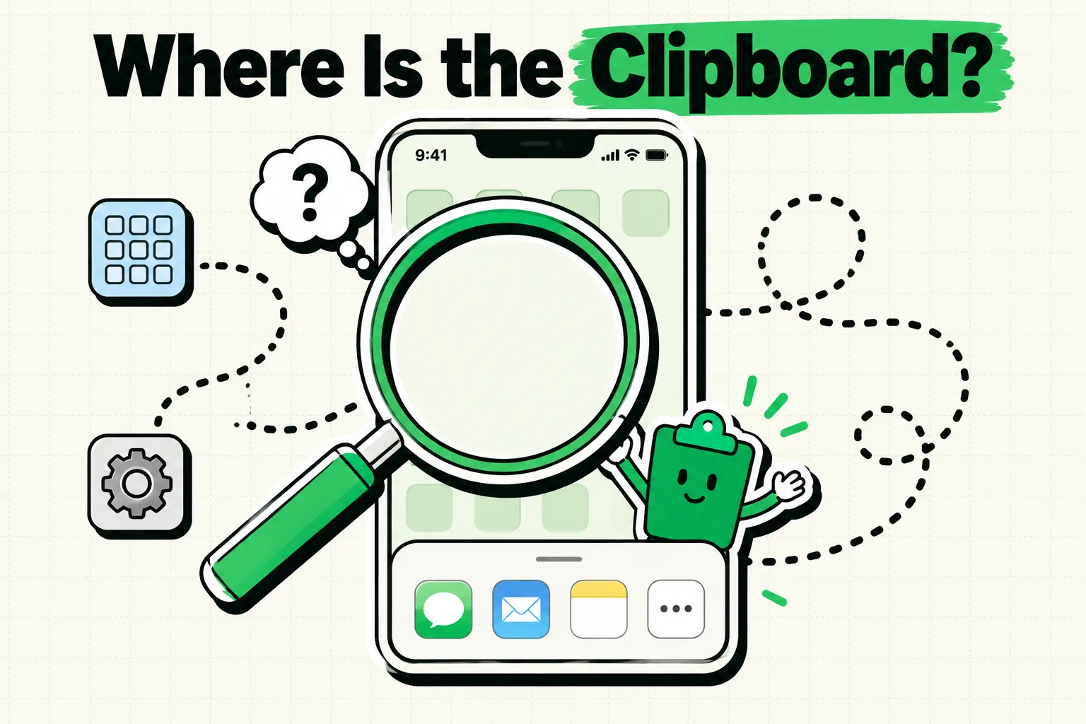 Giant magnifying glass sweeping an iPhone home screen as a green ClipboardAI mascot pops up from the share sheet