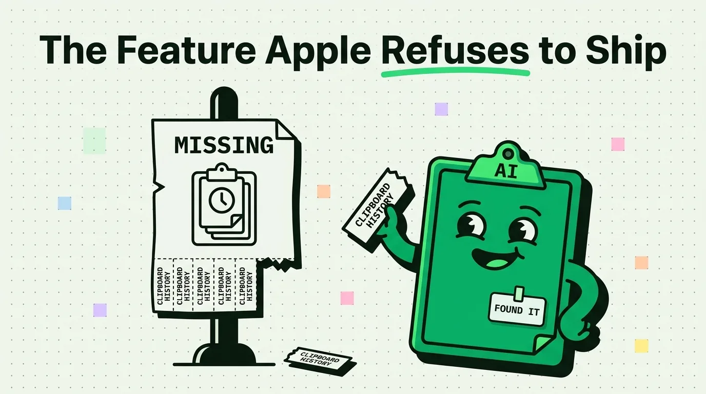 Missing poster for clipboard history beside cheerful green ClipboardAI mascot holding a found clipboard history ticket
