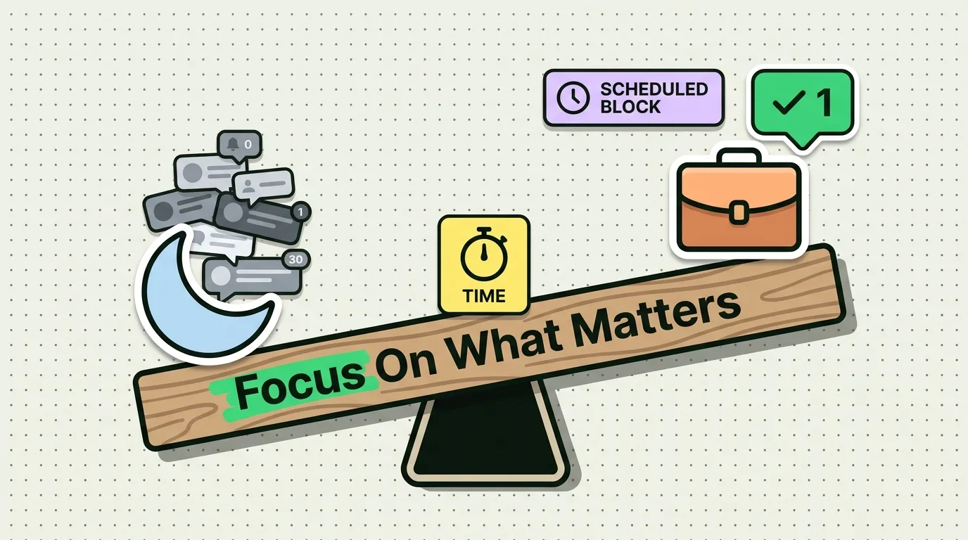 Seesaw balancing muted notifications and crescent moon against briefcase and scheduled focus block for iPhone productivity