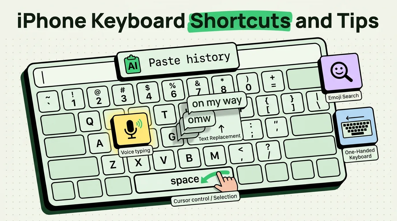 Illustrated iPhone keyboard with paste history, voice typing, text replacement, emoji search and one-handed shortcut callouts
