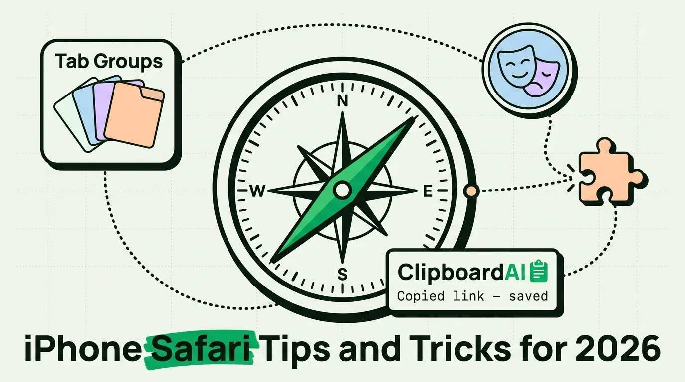 Safari compass with tab groups, extensions, and Clipboard AI saving copied links for iPhone Safari tips 2026