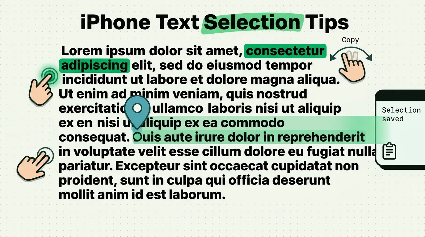 iPhone text passage with highlighted selections, tap gestures, copy arrows and Selection saved clipboard toast