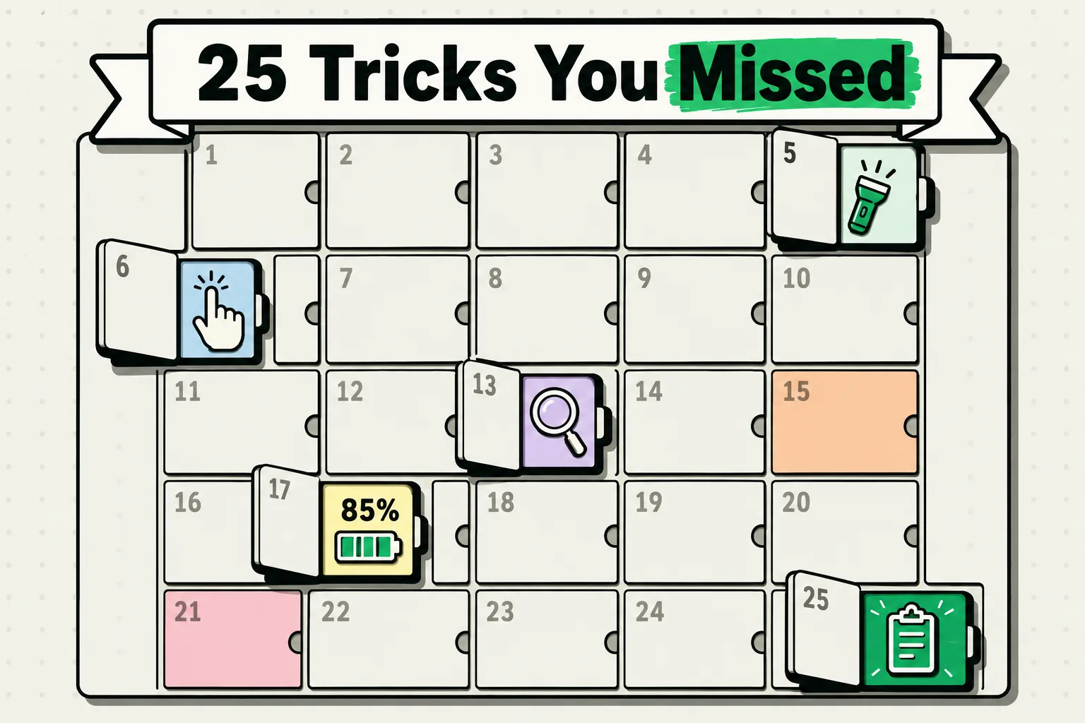 Advent-style grid of twenty-five numbered squares with a few popped open showing flashlight, tap, magnifier, battery and clipboard icons