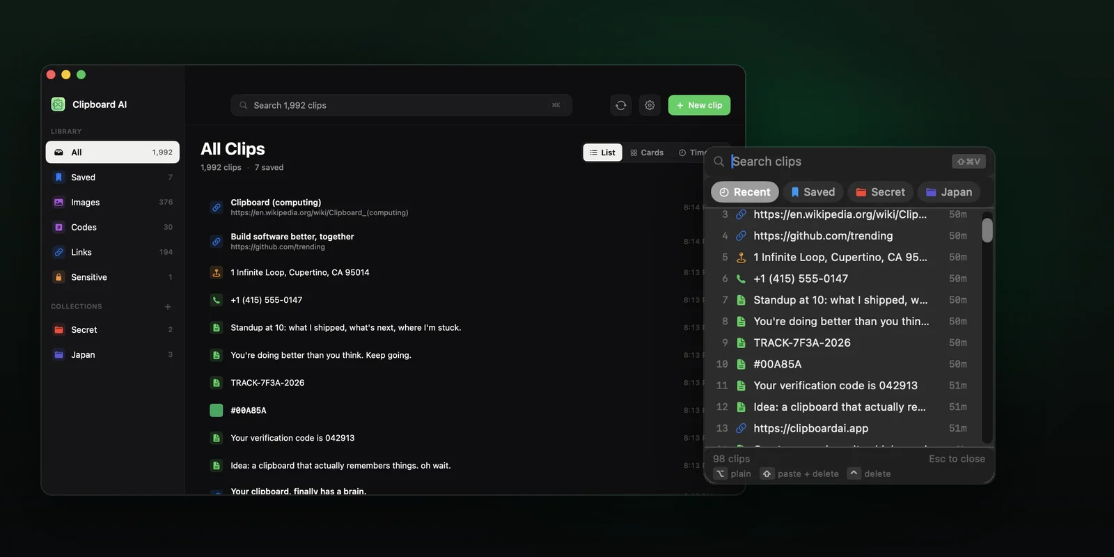 Clipboard AI on Mac: the All Clips window with the floating menu