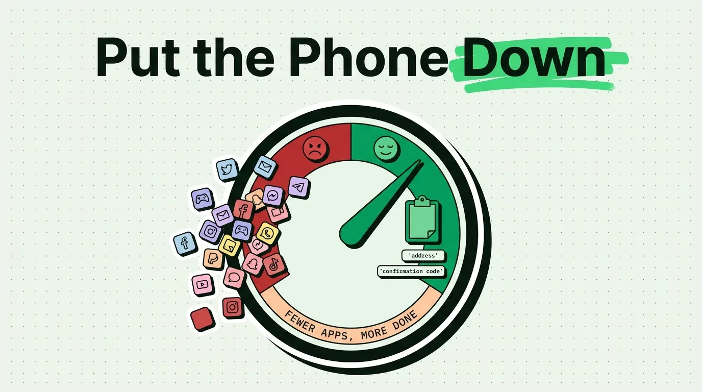 Productivity gauge sweeping from cluttered social apps in red to a calm green clipboard zone reading fewer apps more done
