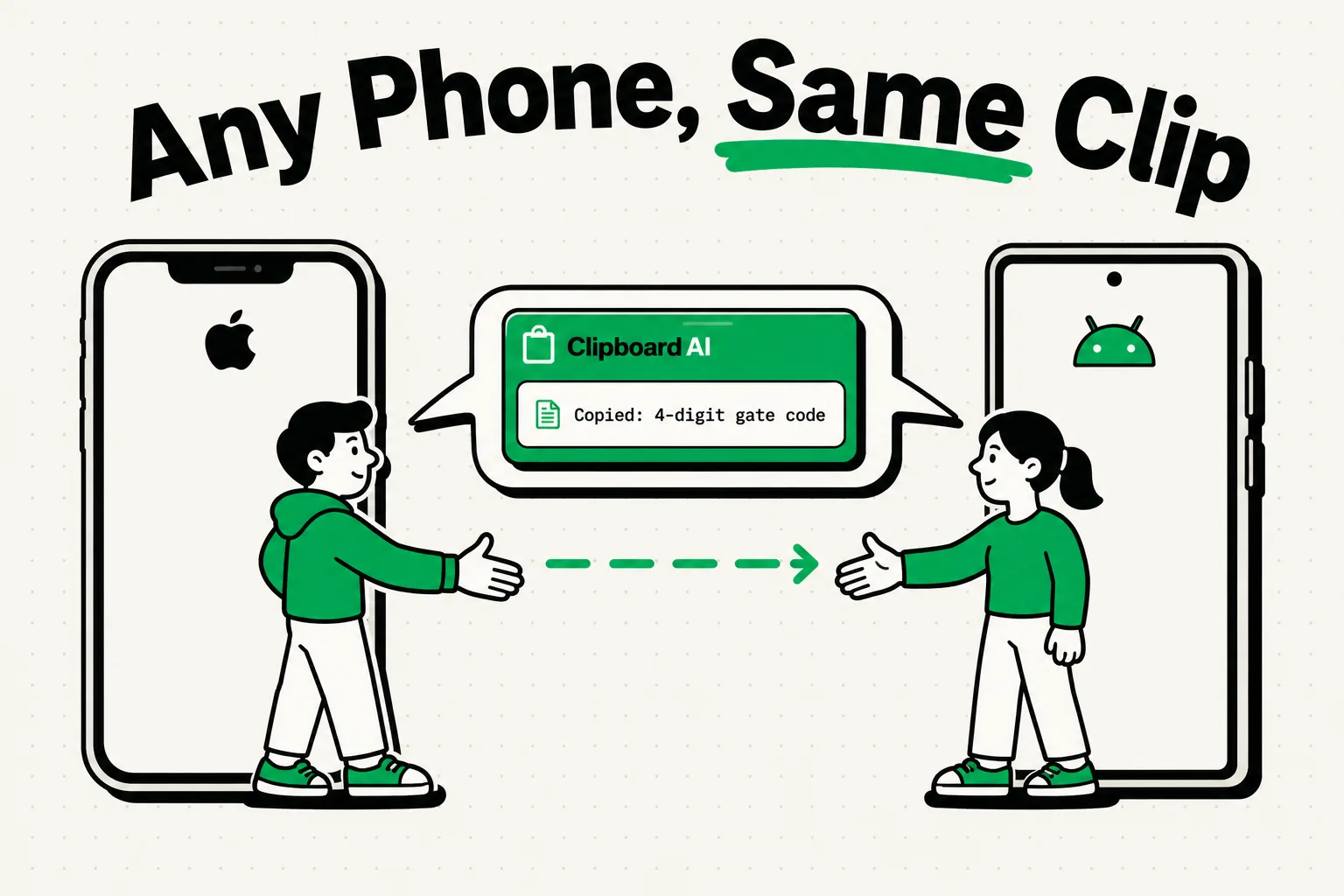Two phone owners bridged by a speech bubble sharing one ClipboardAI clip