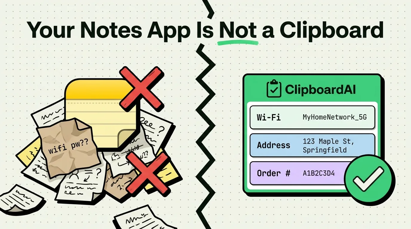 Messy pile of sticky notes with red X marks versus organized ClipboardAI card storing WiFi, address and order details