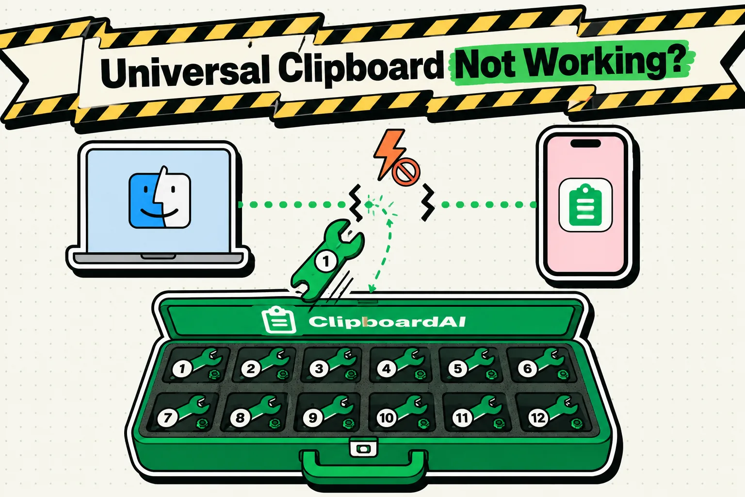 Broken clipboard link between Mac and iPhone with a twelve-wrench ClipboardAI repair toolbox