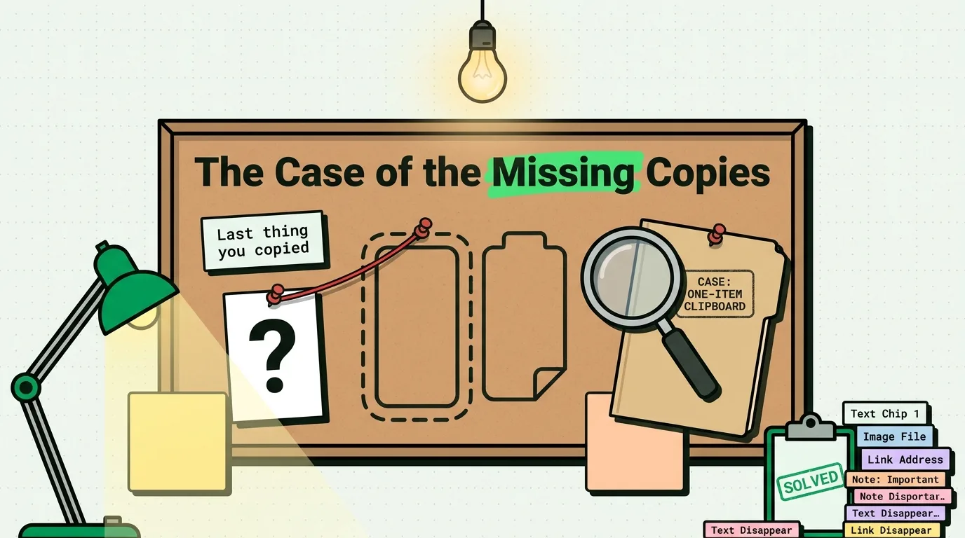 Detective evidence board investigating one-item iPhone clipboard where only the last copied item survives