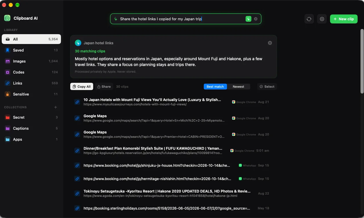 Ask results in All Clips on Mac, with Copy All, Share, a Best match and Newest toggle, and a Select button above the list of matching clips