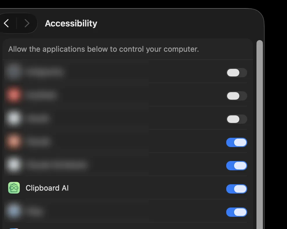 The macOS Accessibility settings with the Clipboard AI switch turned on
