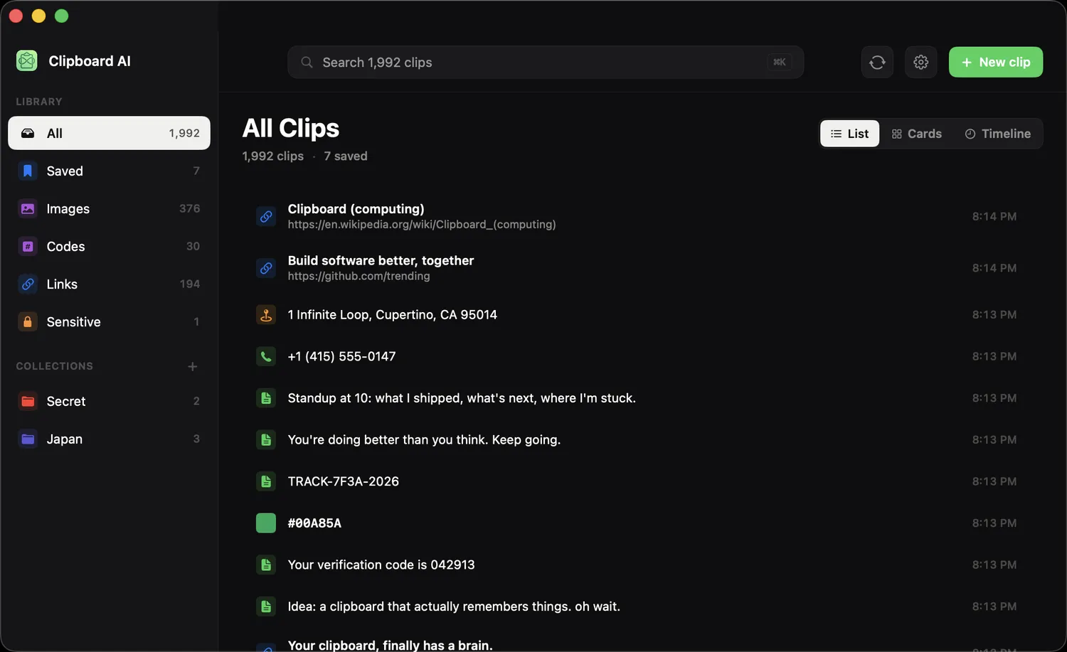 The All Clips window with the sidebar, search, and clip timeline