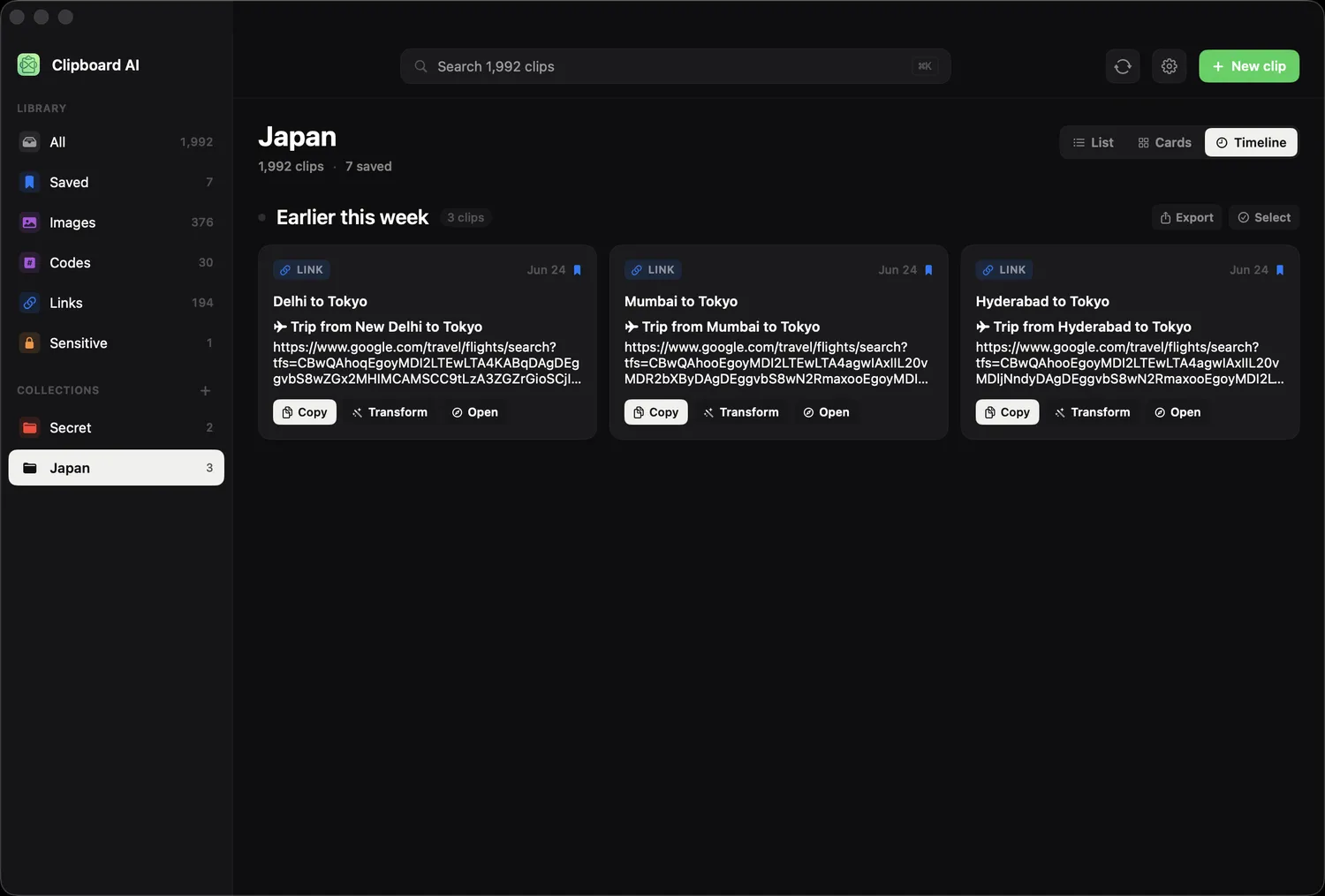 Collections and Saved items in the All Clips sidebar