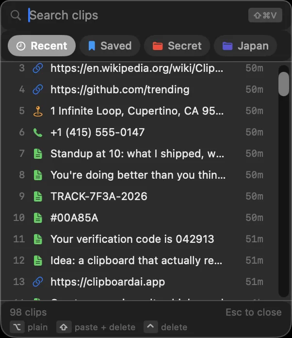 The Clipboard AI floating picker, with a search field, Recent and Saved filters, and numbered clips