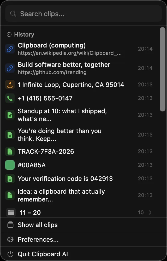 The Clipboard AI menu bar item showing recent clips and Show all clips