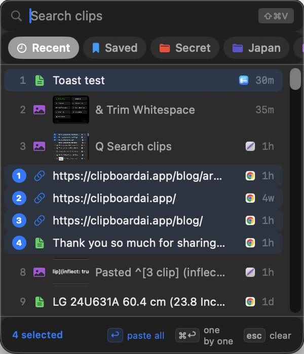 The Clipboard AI floating menu on Mac with four clips selected and numbered, and paste all and one by one buttons in the footer