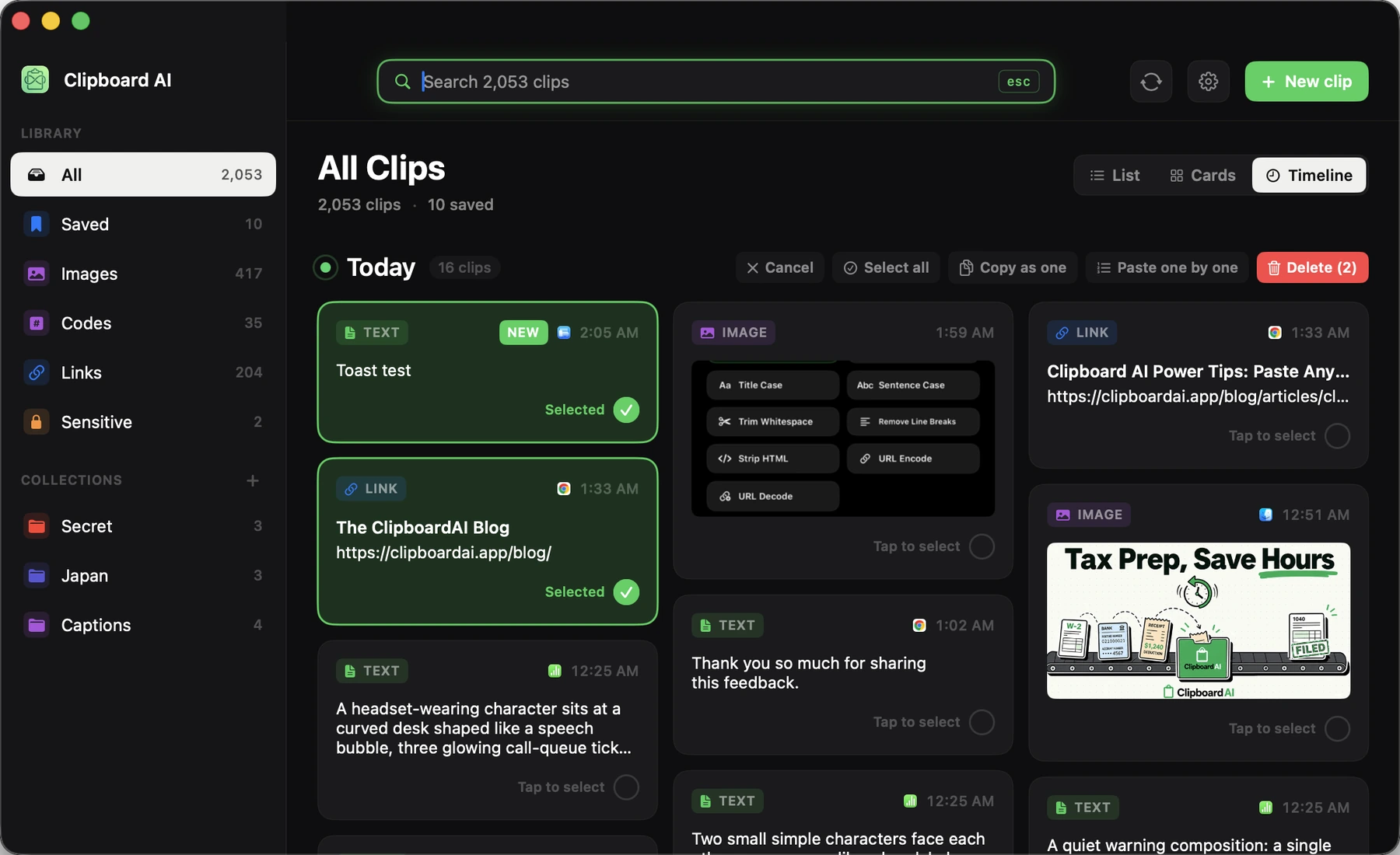The All Clips window on Mac in select mode, with Copy as one and Paste one by one buttons and two clips selected