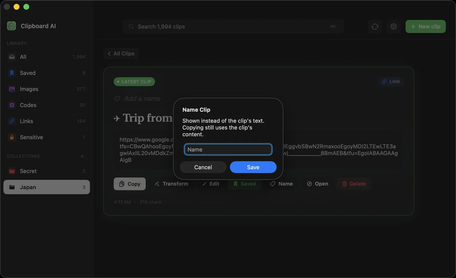 The Name Clip dialog with a field for the name and a Save button