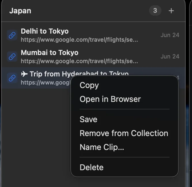 Right-clicking a clip in the menu bar shows a Name Clip option