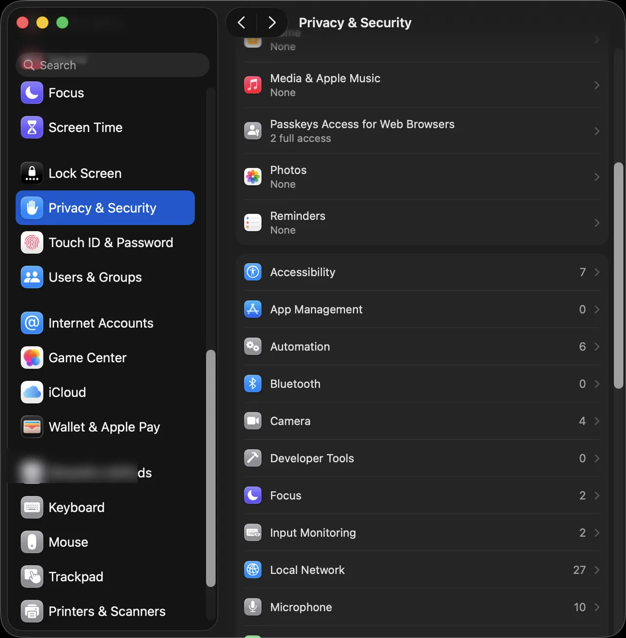 The Accessibility row in Privacy and Security settings