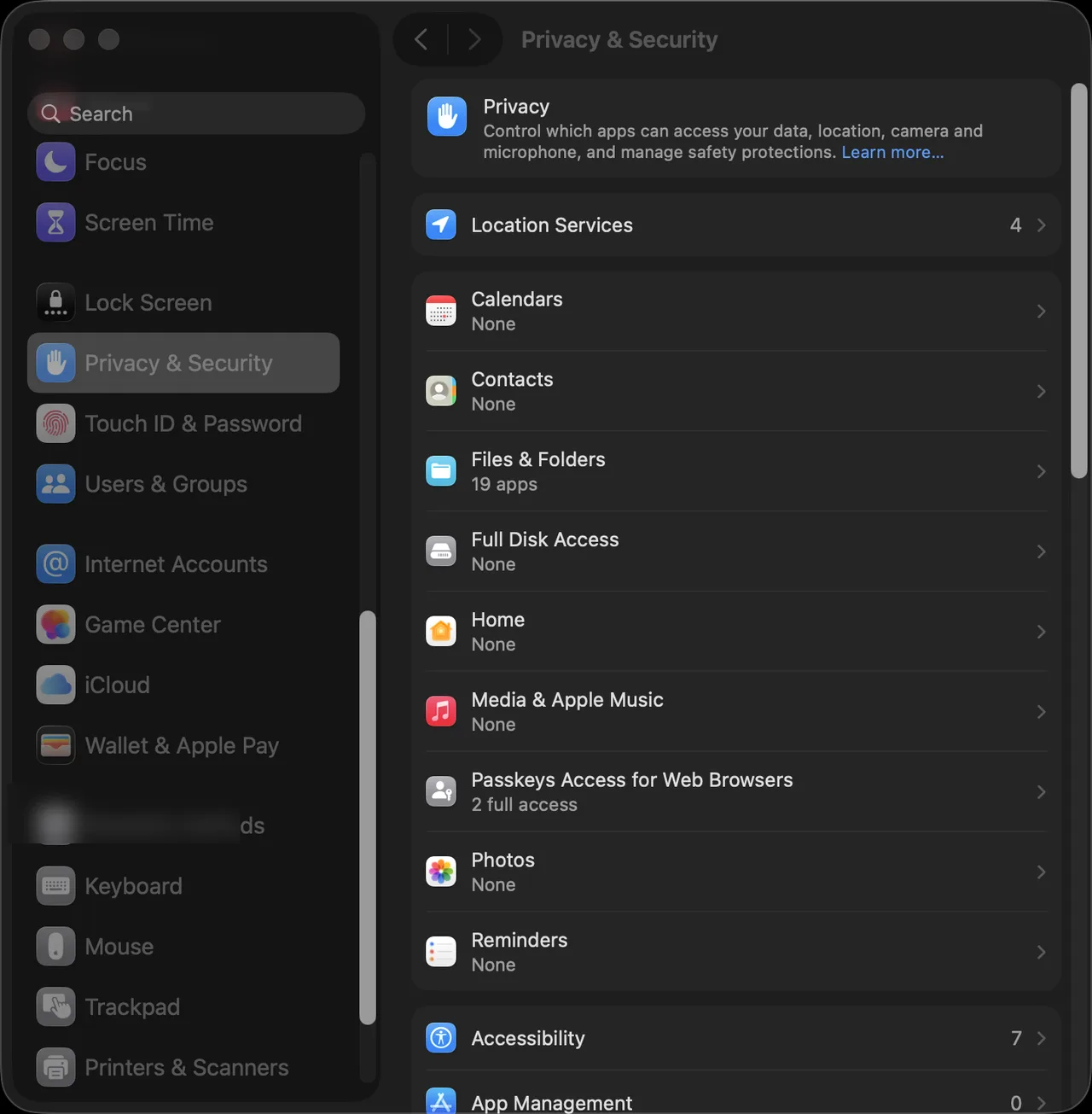 System Settings with Privacy and Security selected in the sidebar