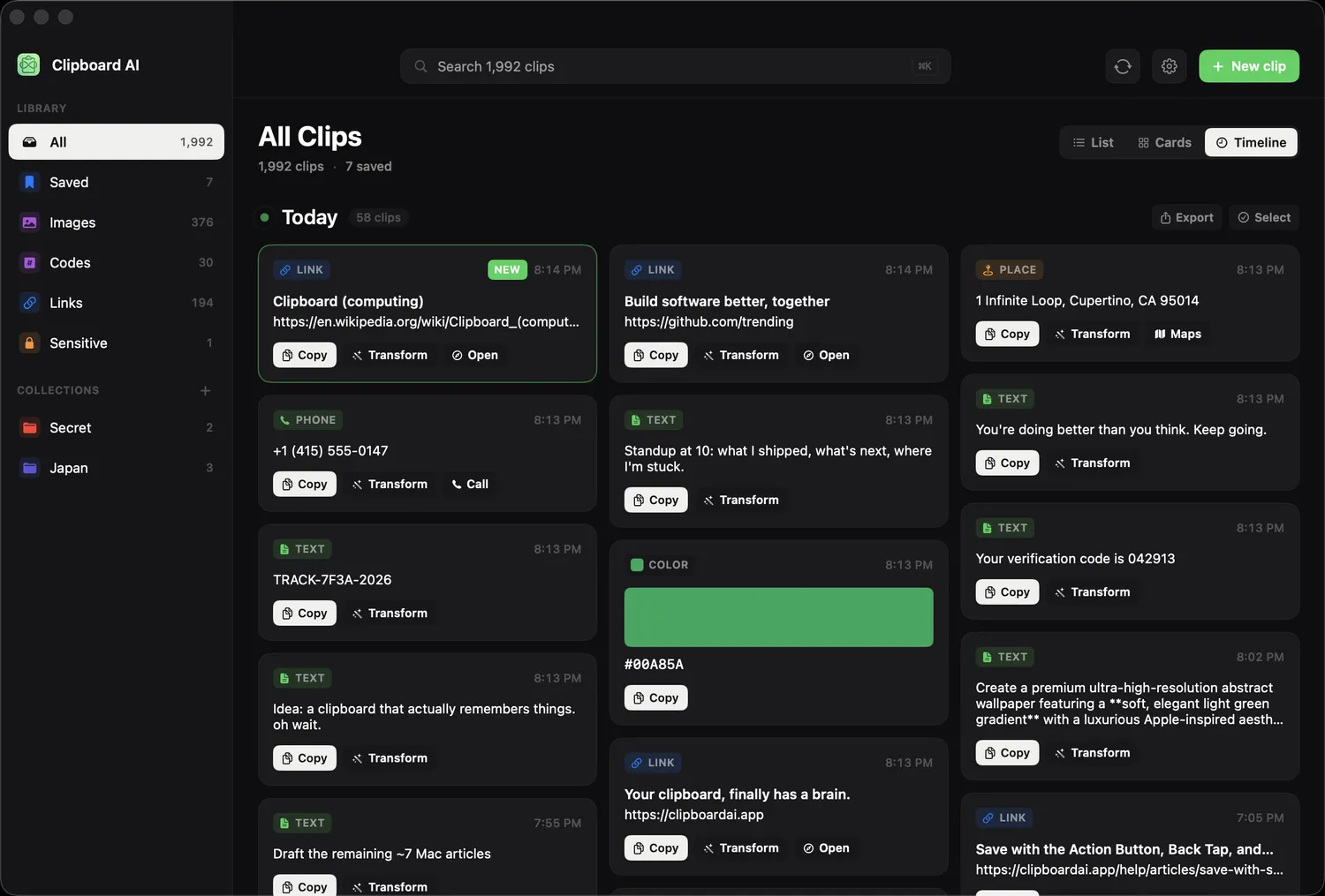 The All Clips window with the search box at the top