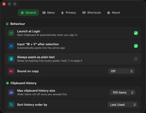 Clipboard AI Settings on Mac, General tab, showing the Always paste as plain text switch in the Behaviour section