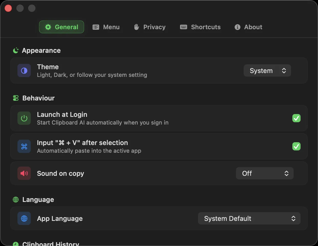 Clipboard AI Settings on Mac, with launch at login and the General options