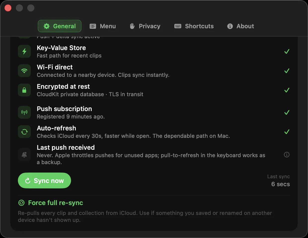 The live sync status in Clipboard AI Settings on Mac, with a Sync now button