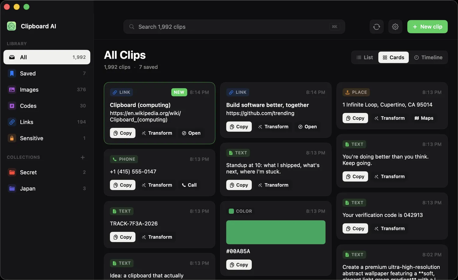 Clips shown as cards in the All Clips window, each with a Transform button