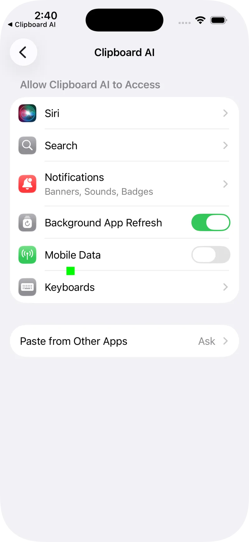 The Clipboard AI screen in iOS Settings, with the Paste from Other Apps row highlighted near the bottom