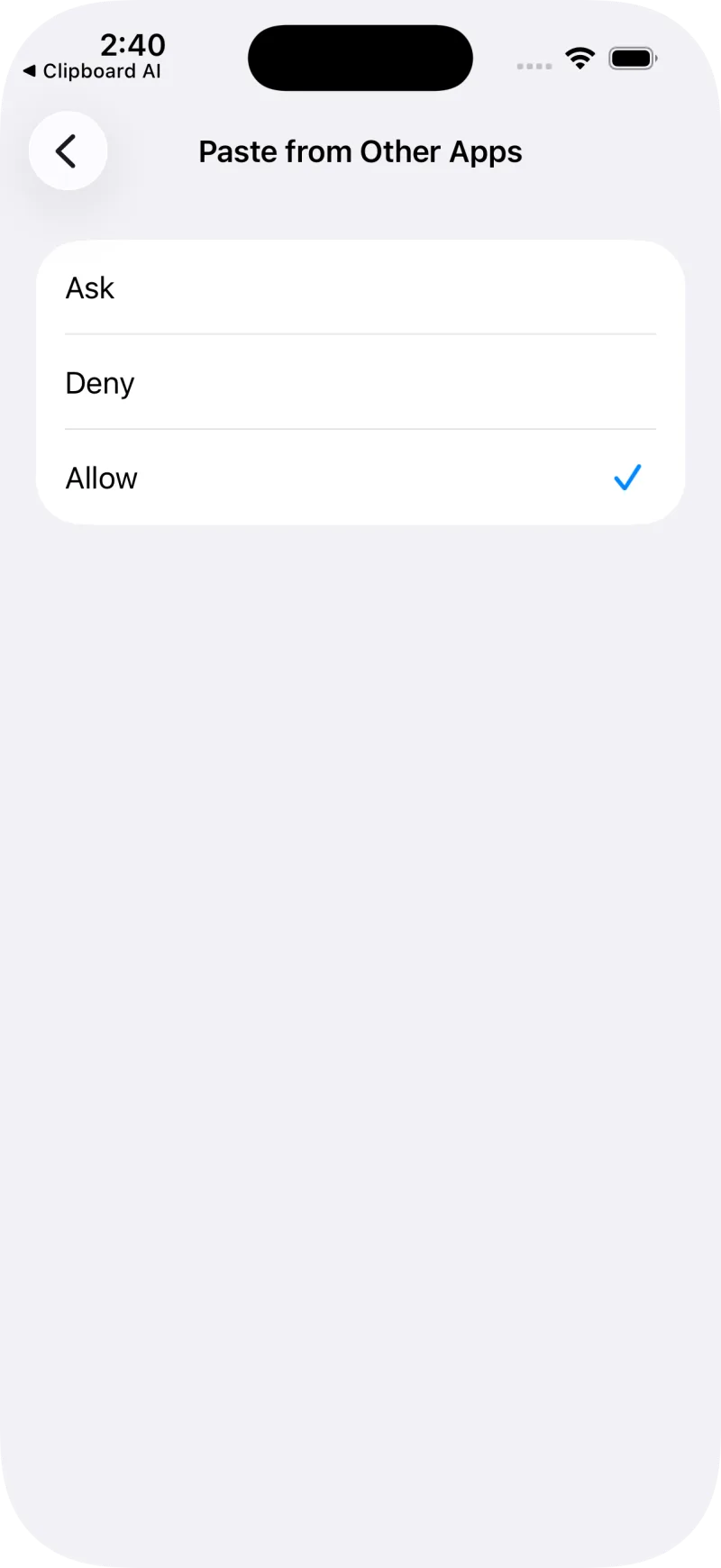 The Paste from Other Apps options, Ask, Deny, and Allow, with Allow selected