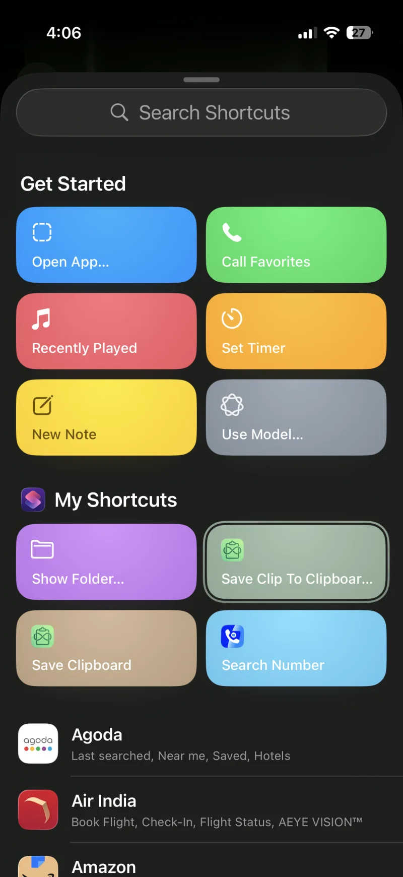 The shortcut picker with Save Clip To ClipboardAI in My Shortcuts