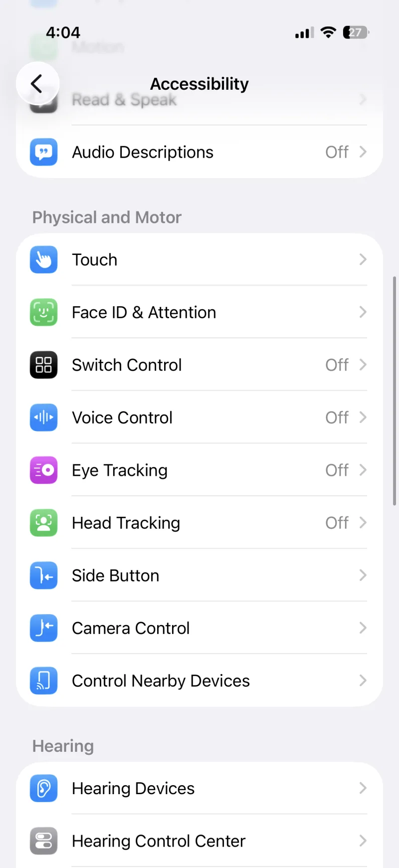 The Accessibility screen with Touch under Physical and Motor
