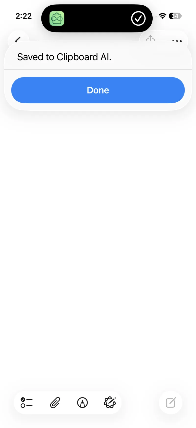 A banner reading Saved to Clipboard AI after pressing the Action Button