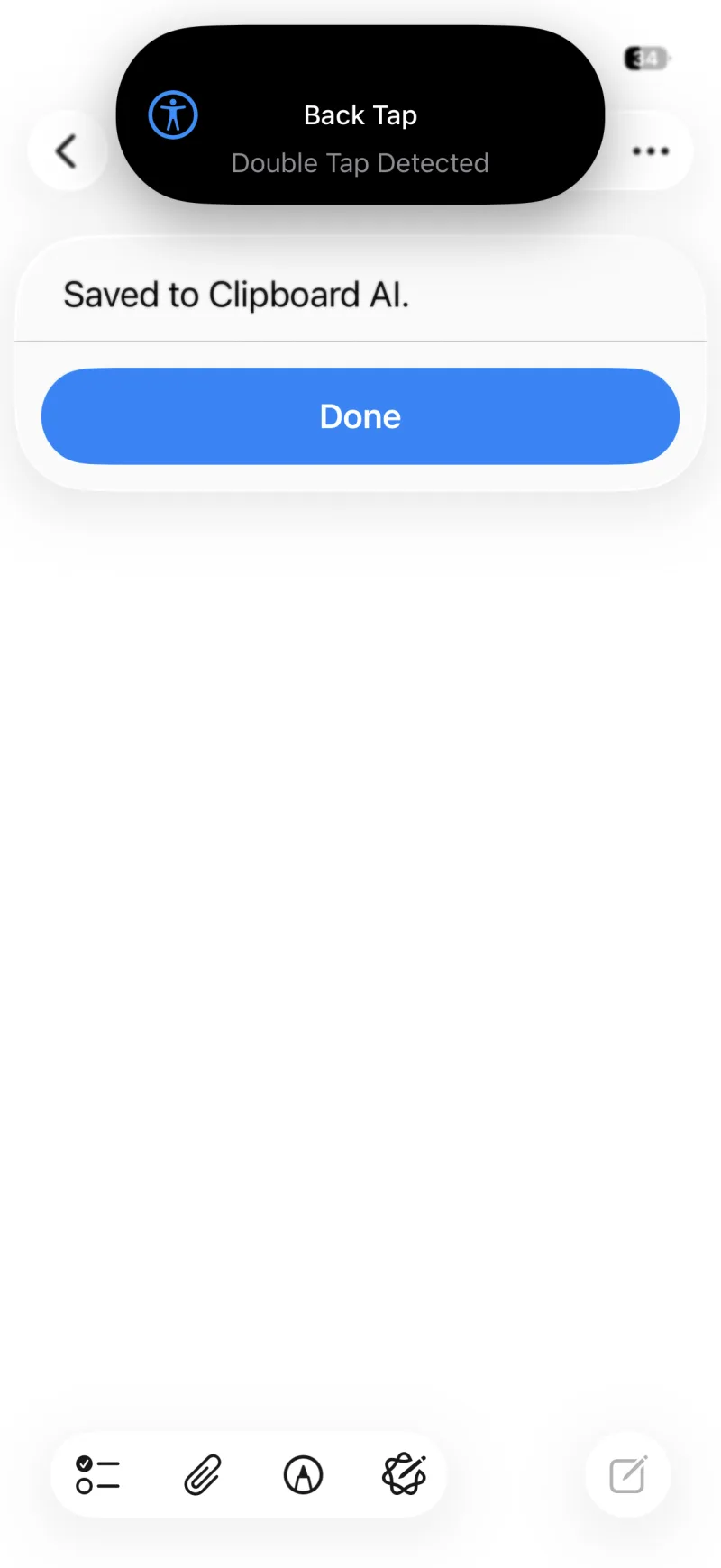 A Back Tap double tap detected banner with Saved to Clipboard AI