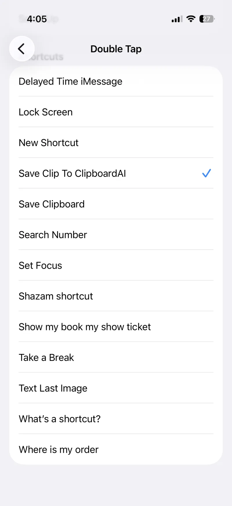 The Double Tap shortcut list with Save Clip To ClipboardAI selected